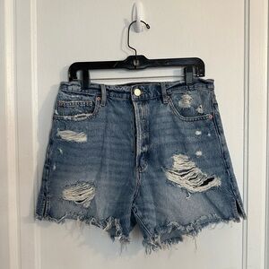 High-Rise Dark Wash Distressed Garage Denim Shorts